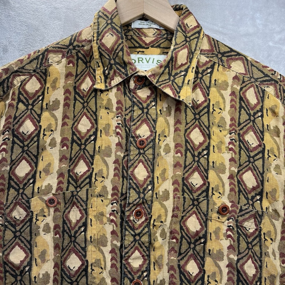 Vintage ORVIS Shirt Linen Men's M Short Sleeve Button Aztec Southwest